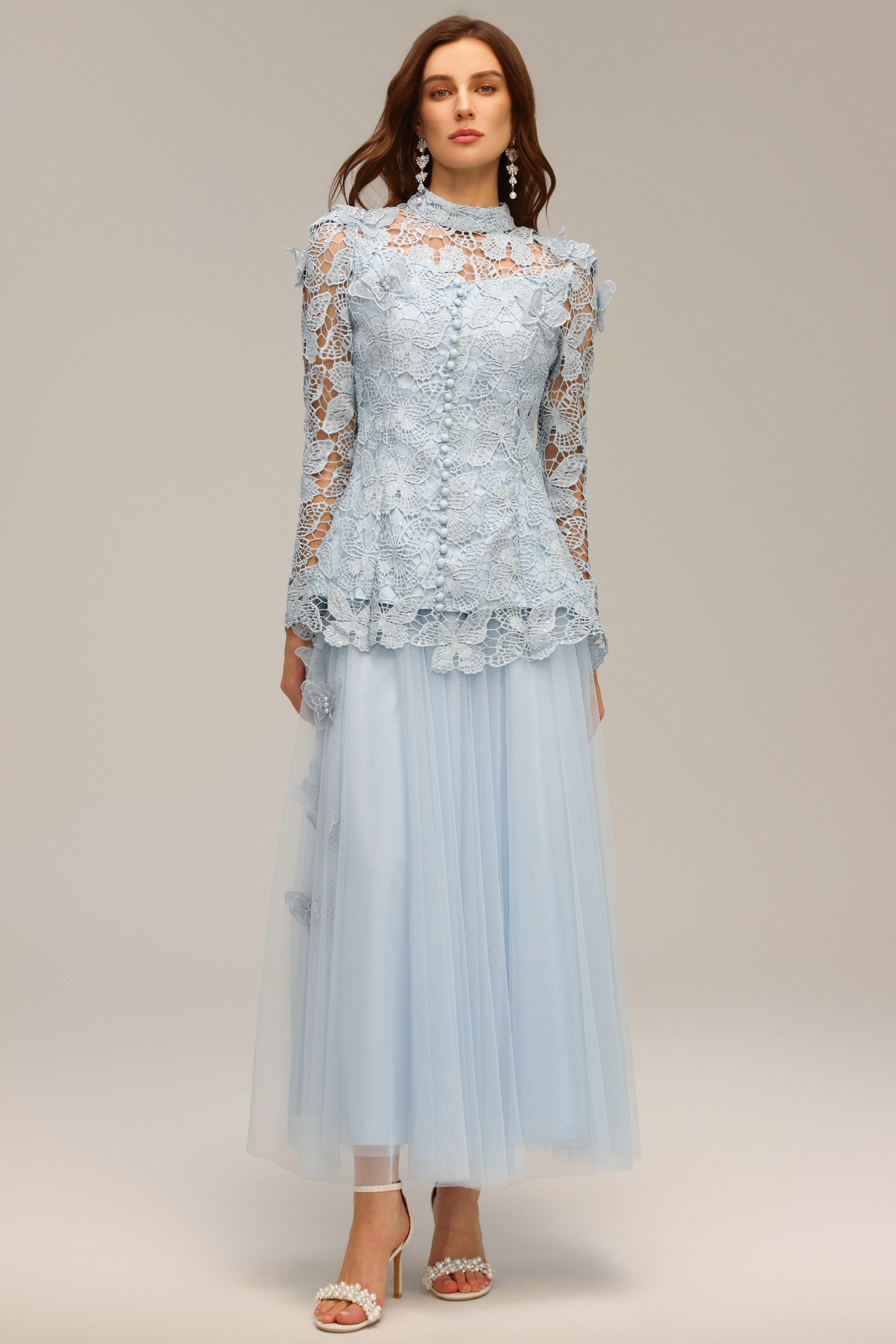Sabina Long Sleeve Folds Lace Butterfly Top And Skirt Two-Piece Set - Image 2