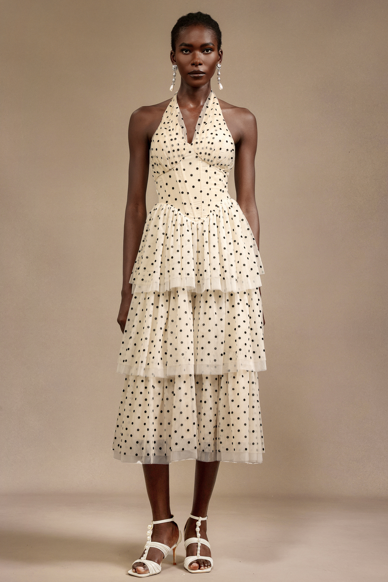 Julieta Sleeveless Dot Printed Layered Folds Midi Dress - Image 2