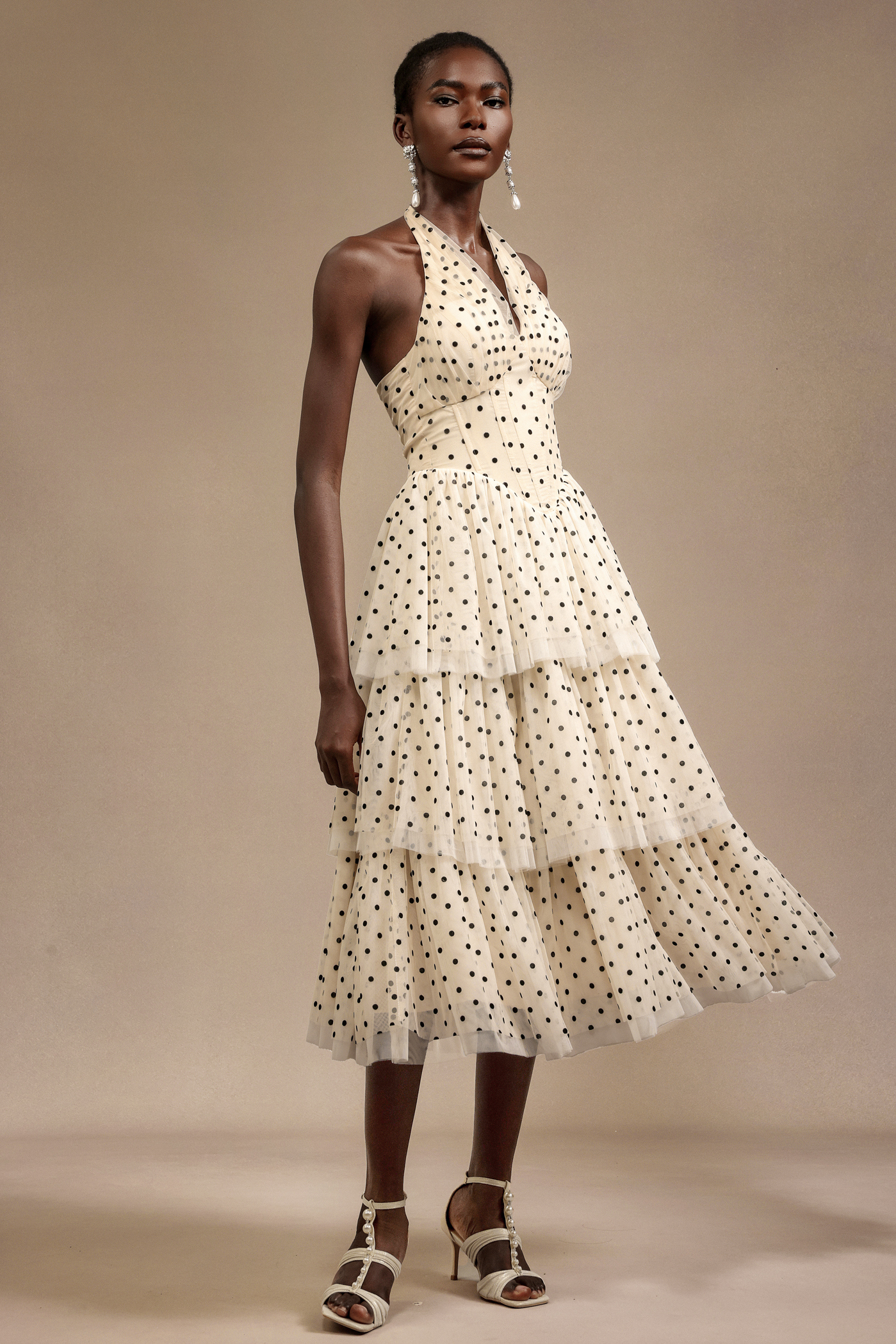 Julieta Sleeveless Dot Printed Layered Folds Midi Dress - Image 5