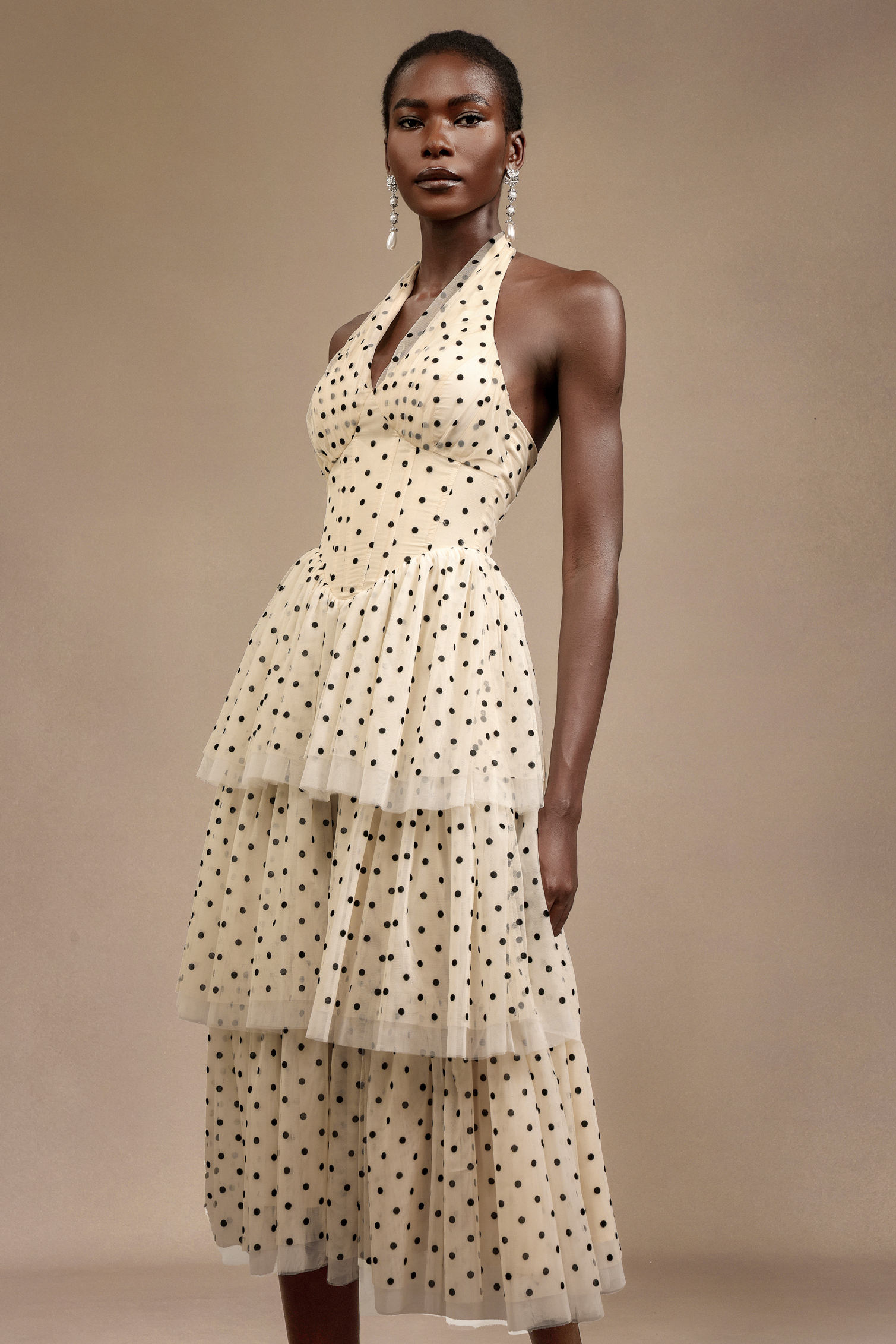 Julieta Sleeveless Dot Printed Layered Folds Midi Dress - Image 4