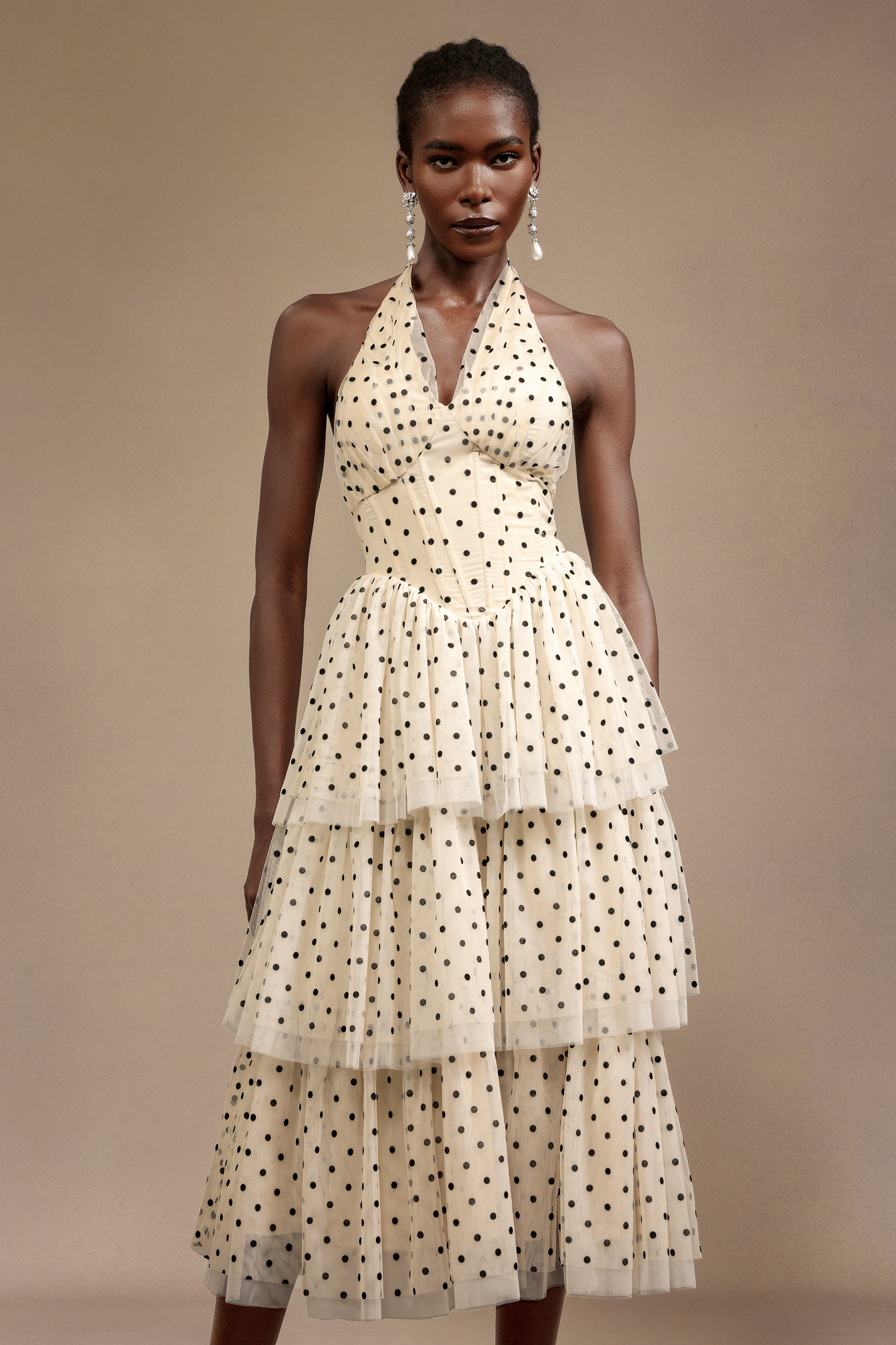 Julieta Sleeveless Dot Printed Layered Folds Midi Dress - Image 3