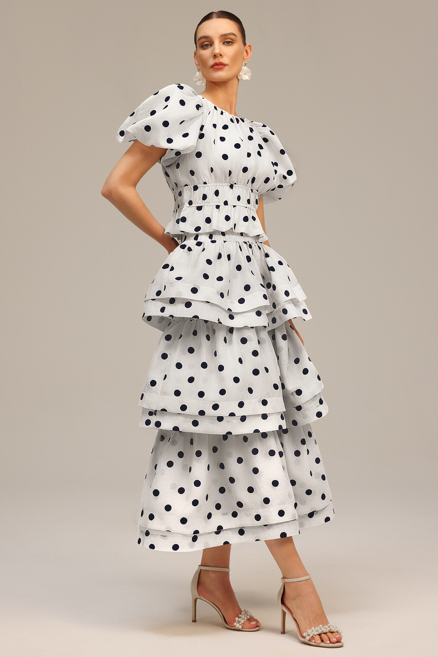 Nasim Puff Sleeves Dot Printed Top And Skirt Two-Piece Set - Image 2