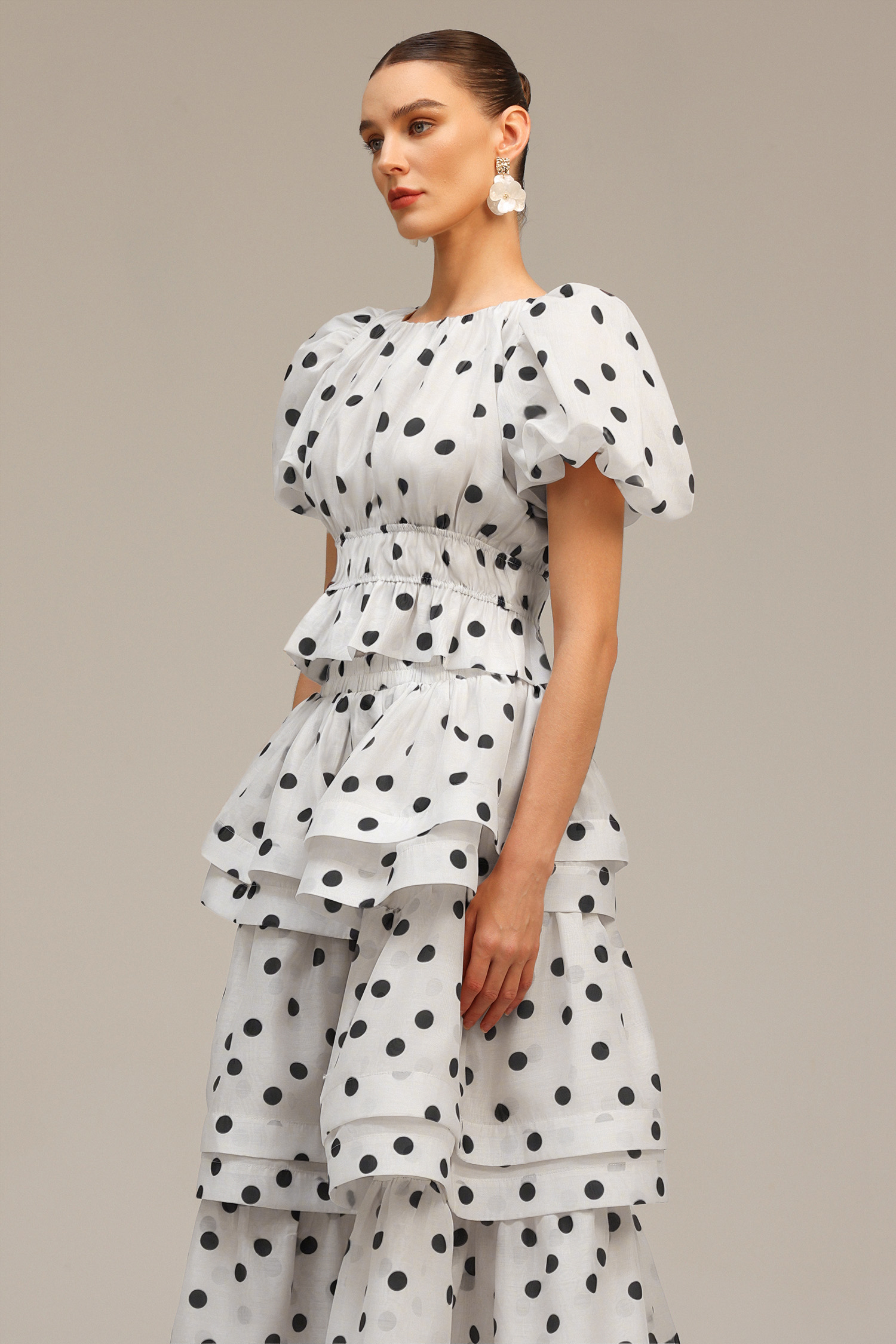 Nasim Puff Sleeves Dot Printed Top And Skirt Two-Piece Set - Image 3