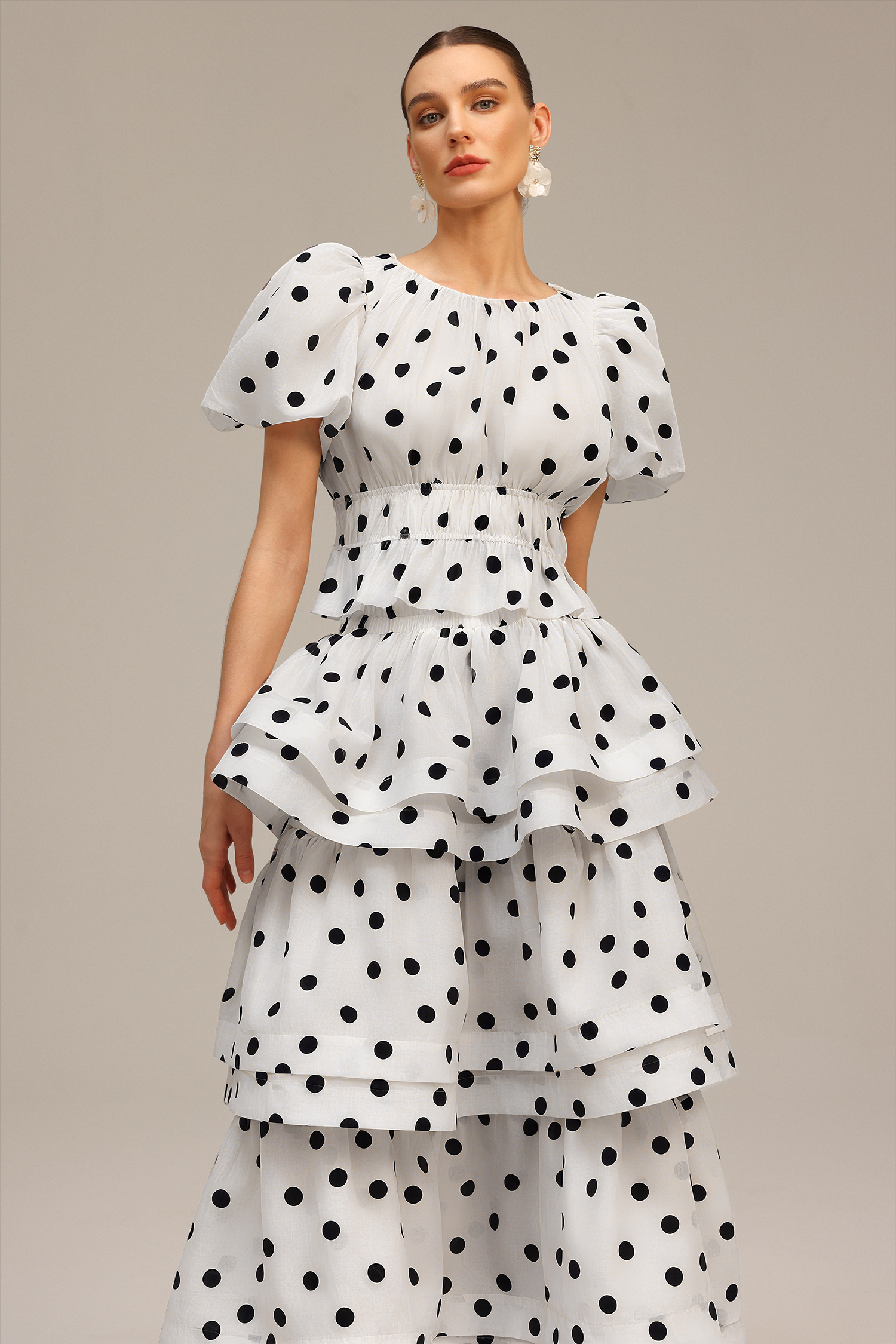 Nasim Puff Sleeves Dot Printed Top And Skirt Two-Piece Set - Image 4