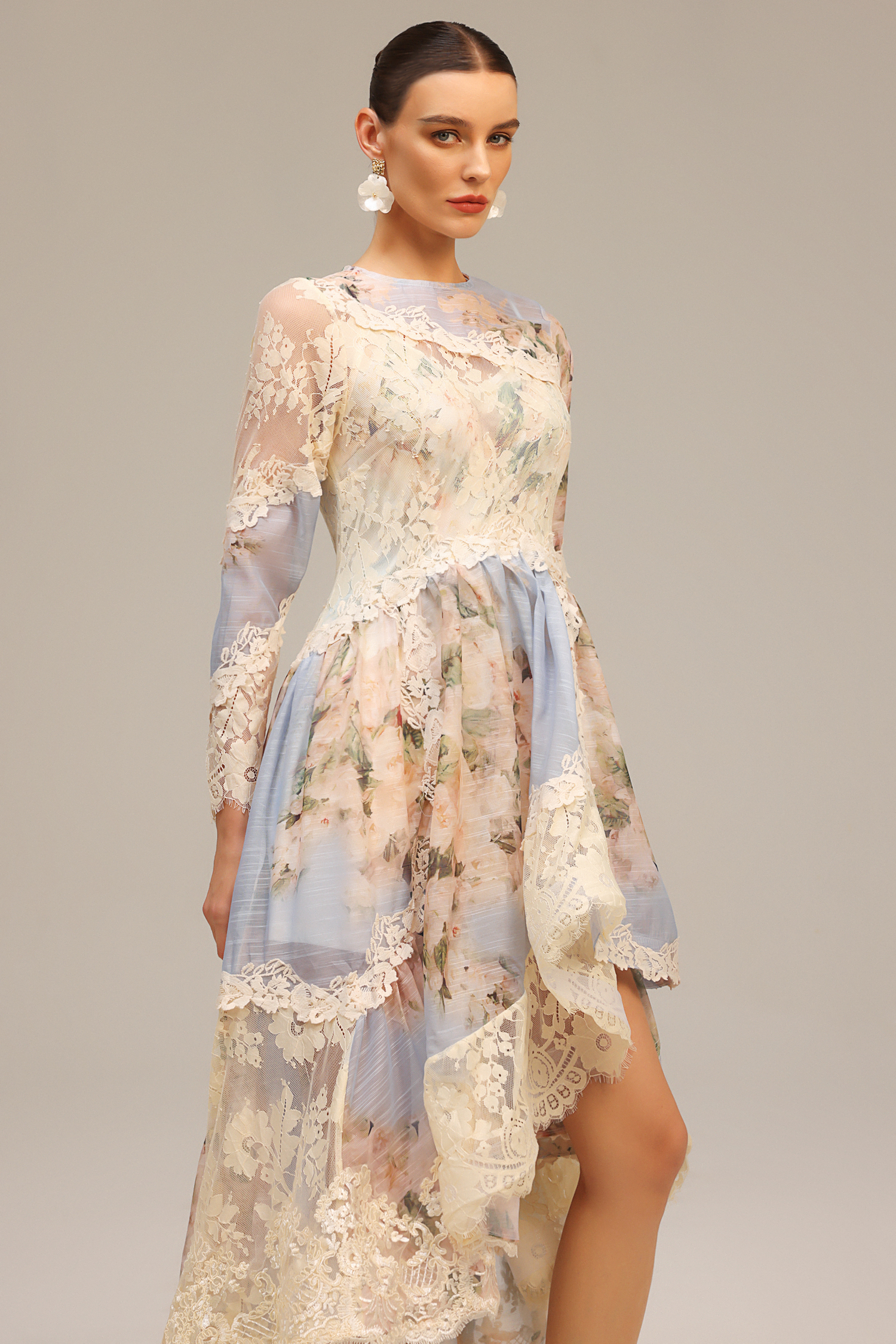 Wanda Long Sleeves Floral Printed Asymmetric Lace Maxi Dress - Image 3