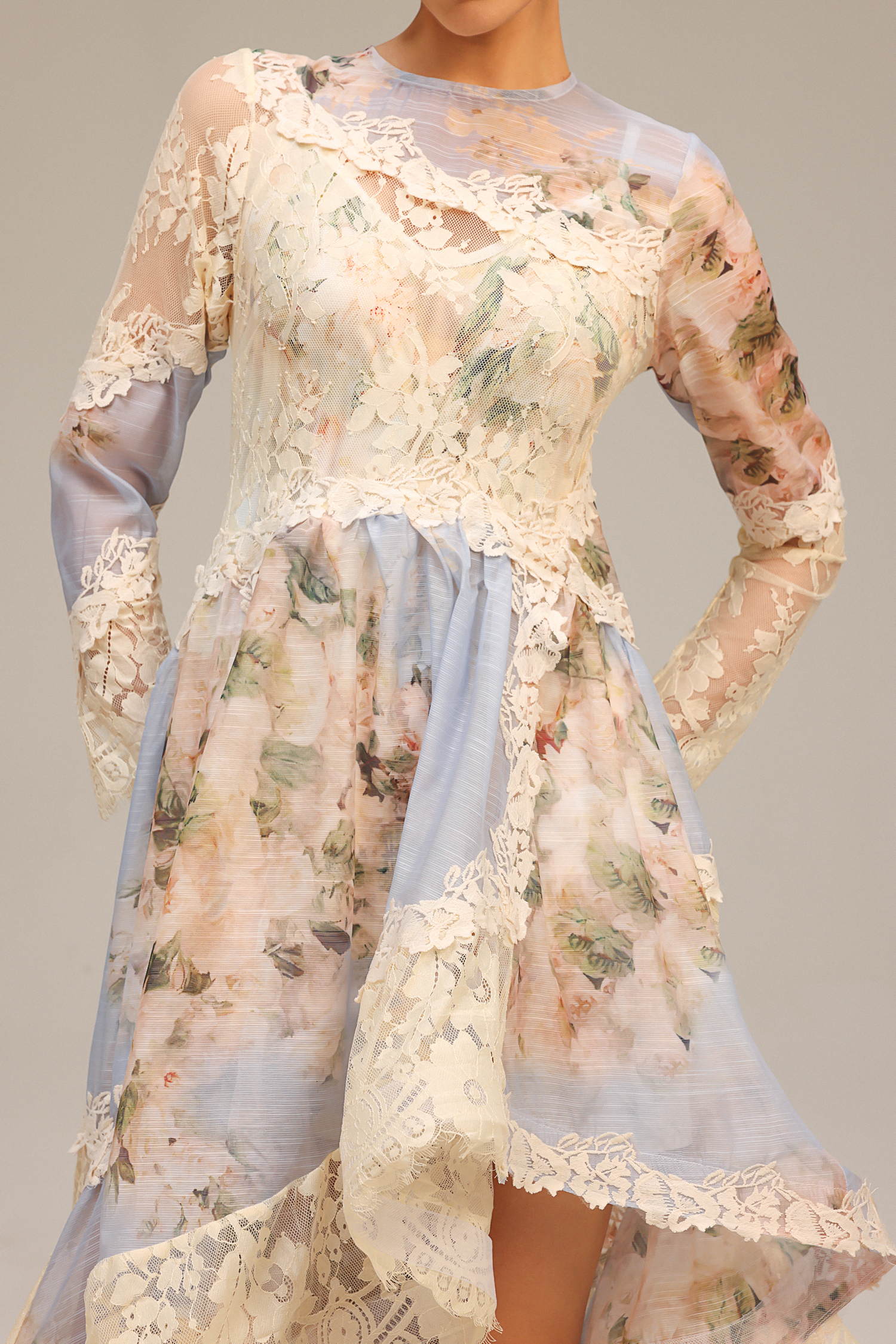 Wanda Long Sleeves Floral Printed Asymmetric Lace Maxi Dress - Image 5