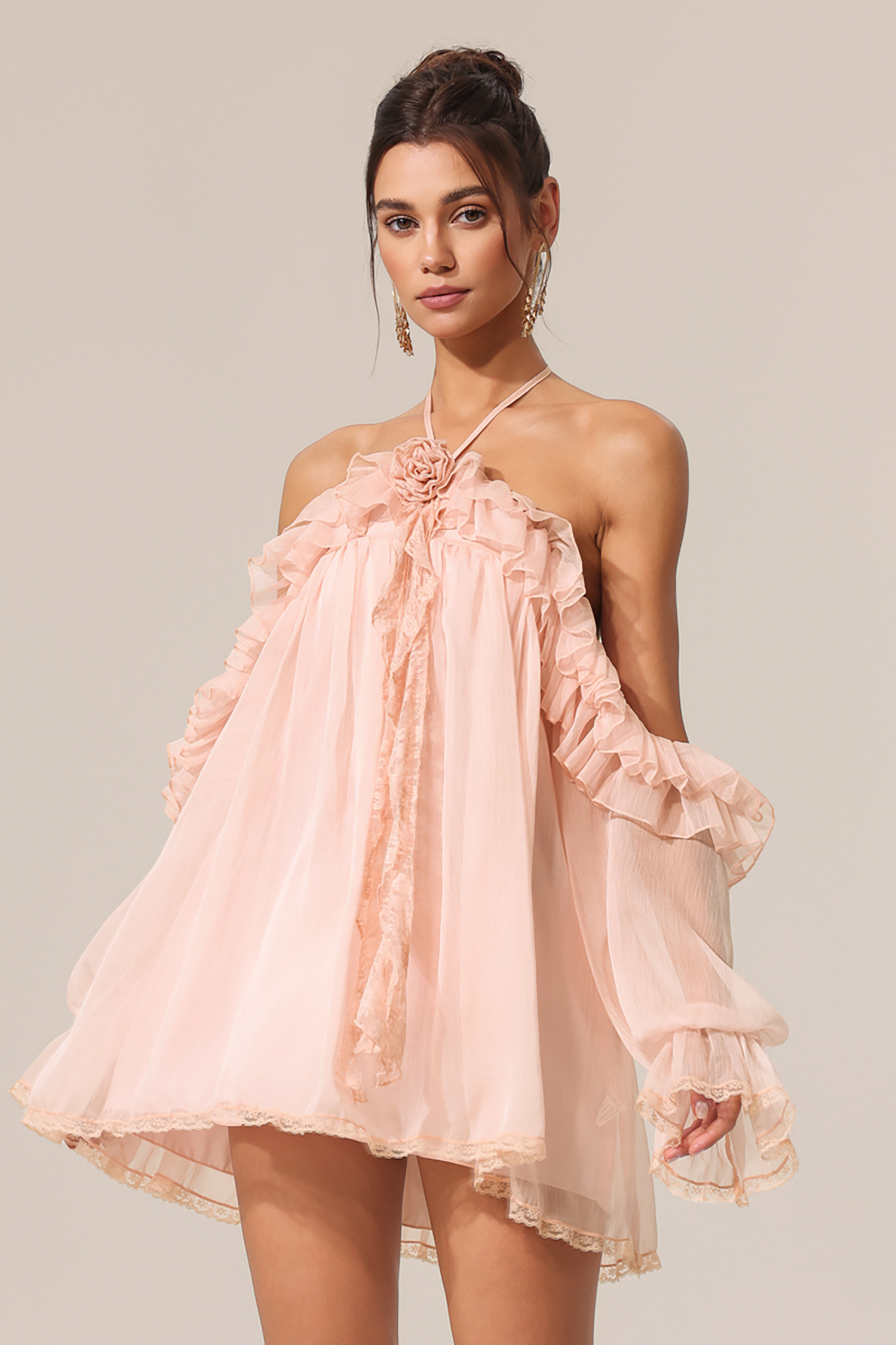 Estella Long Sleeves Flowers Folds Mini Dress - Image 4