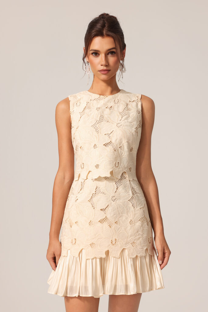 Tanisha Round Neck Sleeveless Flowers Lace Mini Dress