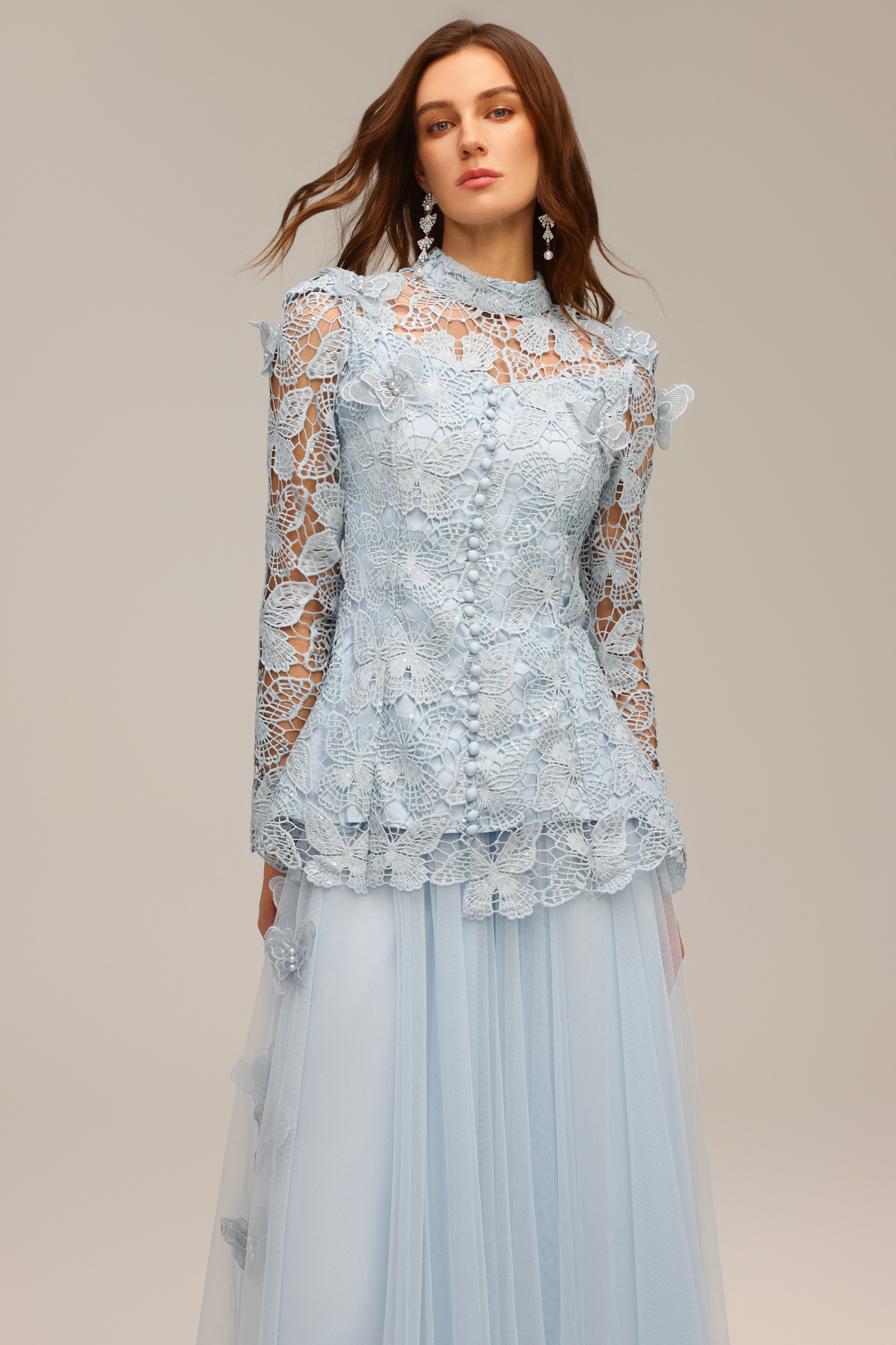 Sabina Long Sleeve Folds Lace Butterfly Top And Skirt Two-Piece Set - Image 3