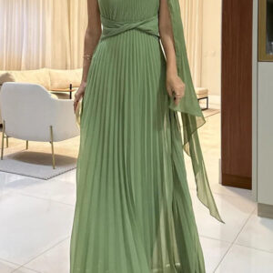 Pleated One Shoulder Drape Sleeve Twist Waist Maxi Dress