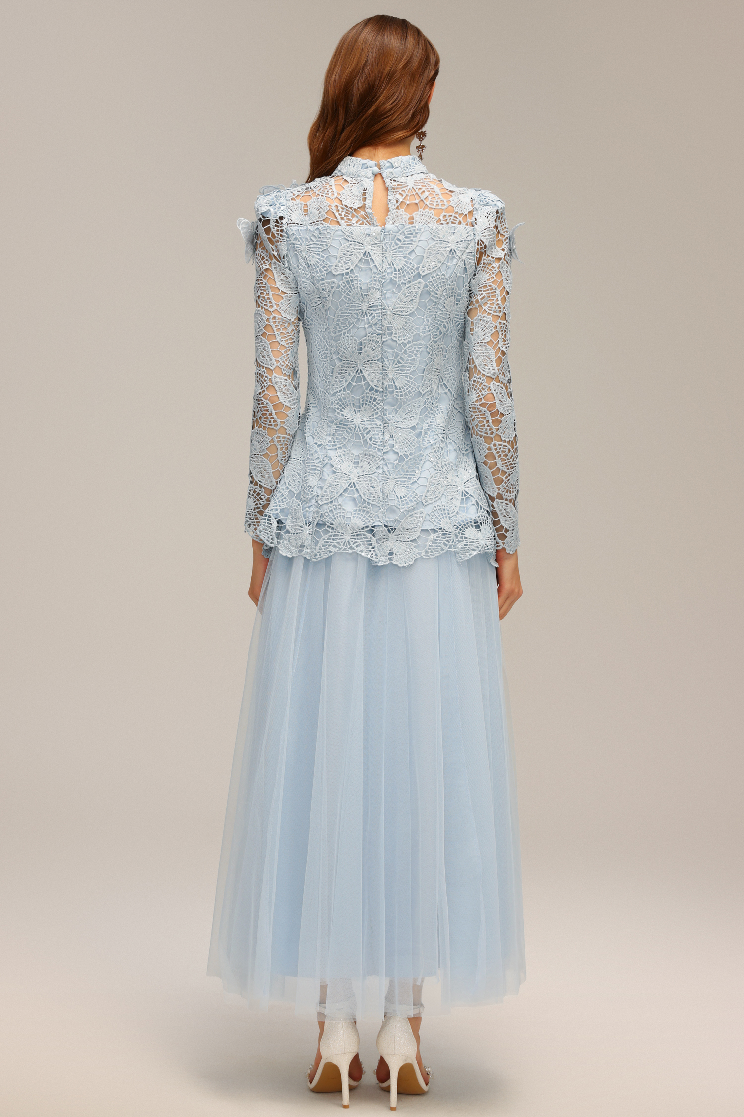 Sabina Long Sleeve Folds Lace Butterfly Top And Skirt Two-Piece Set - Image 9